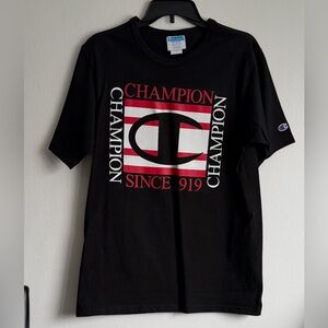Men Champion Black Tee with Red and White Logo